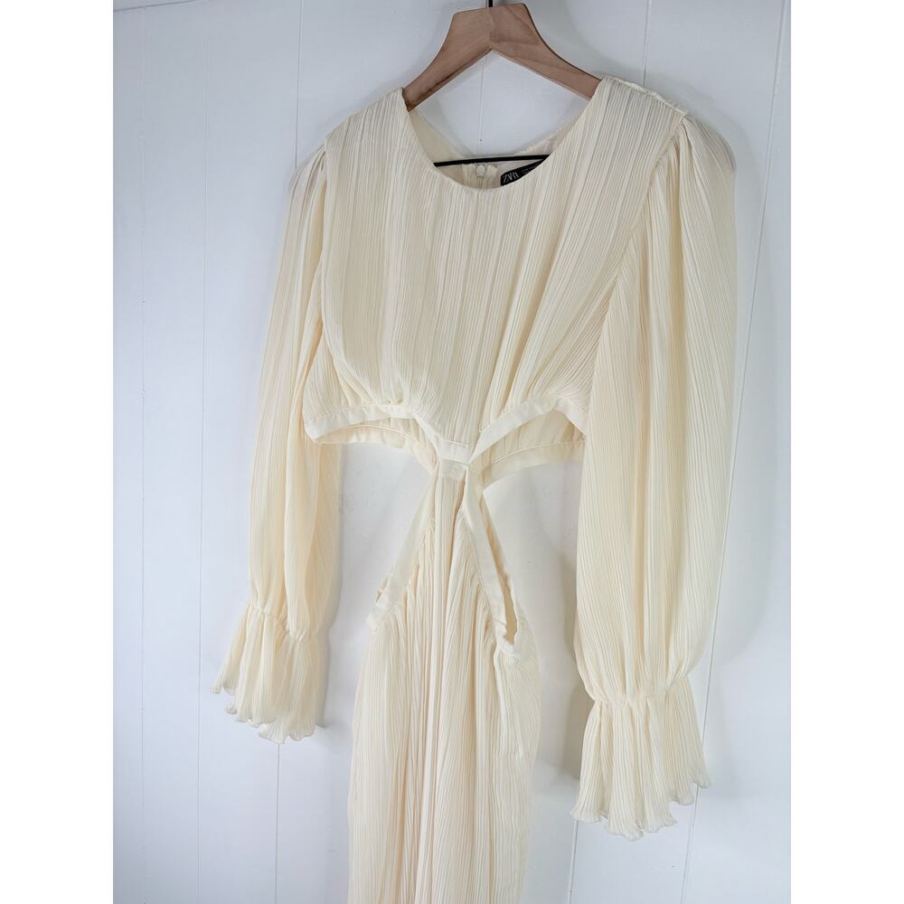 Zara Cutout Pleated Midi Dress Medium Ivory Cream Long Sleeve Flowy Cottagecore - Picture 6 of 15